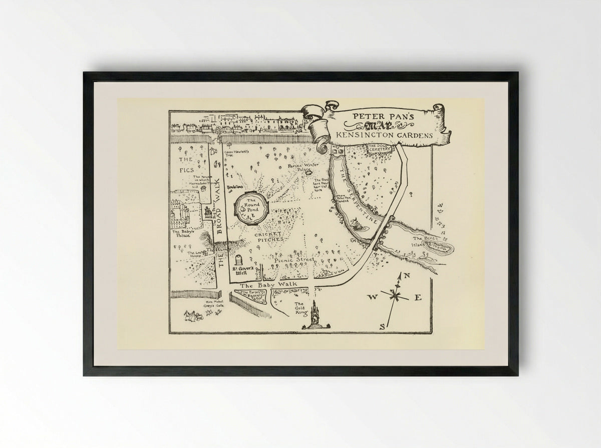 Map of Peter Pan's Kensington Gardens - Arthur Rackham - Framed Print Black