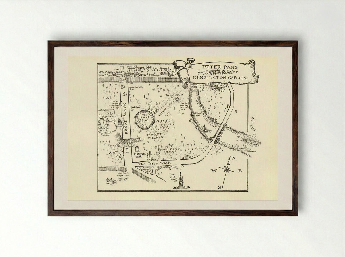 Map of Peter Pan's Kensington Gardens - Arthur Rackham - Framed Print Dark Wood