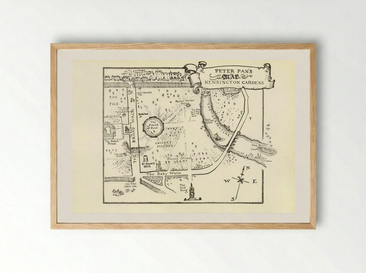 Map of Peter Pan's Kensington Gardens - Arthur Rackham - Framed Print Wood