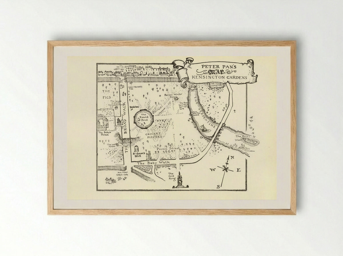 Map of Peter Pan's Kensington Gardens - Arthur Rackham - Framed Print Wood