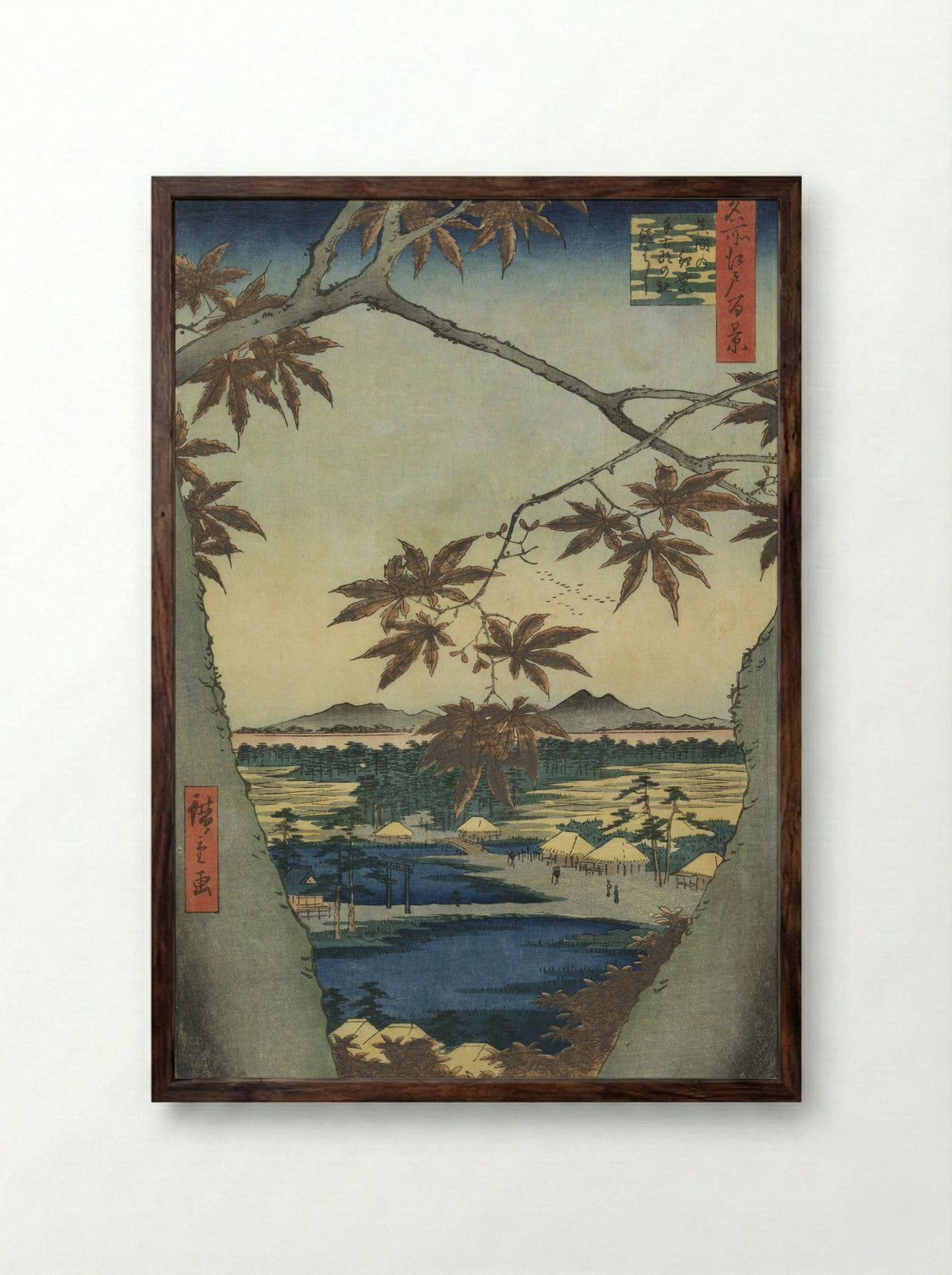 Maple Leaves at the Tekona Shrine, Mama - Utagawa Hiroshige - Framed Print Dark Wood