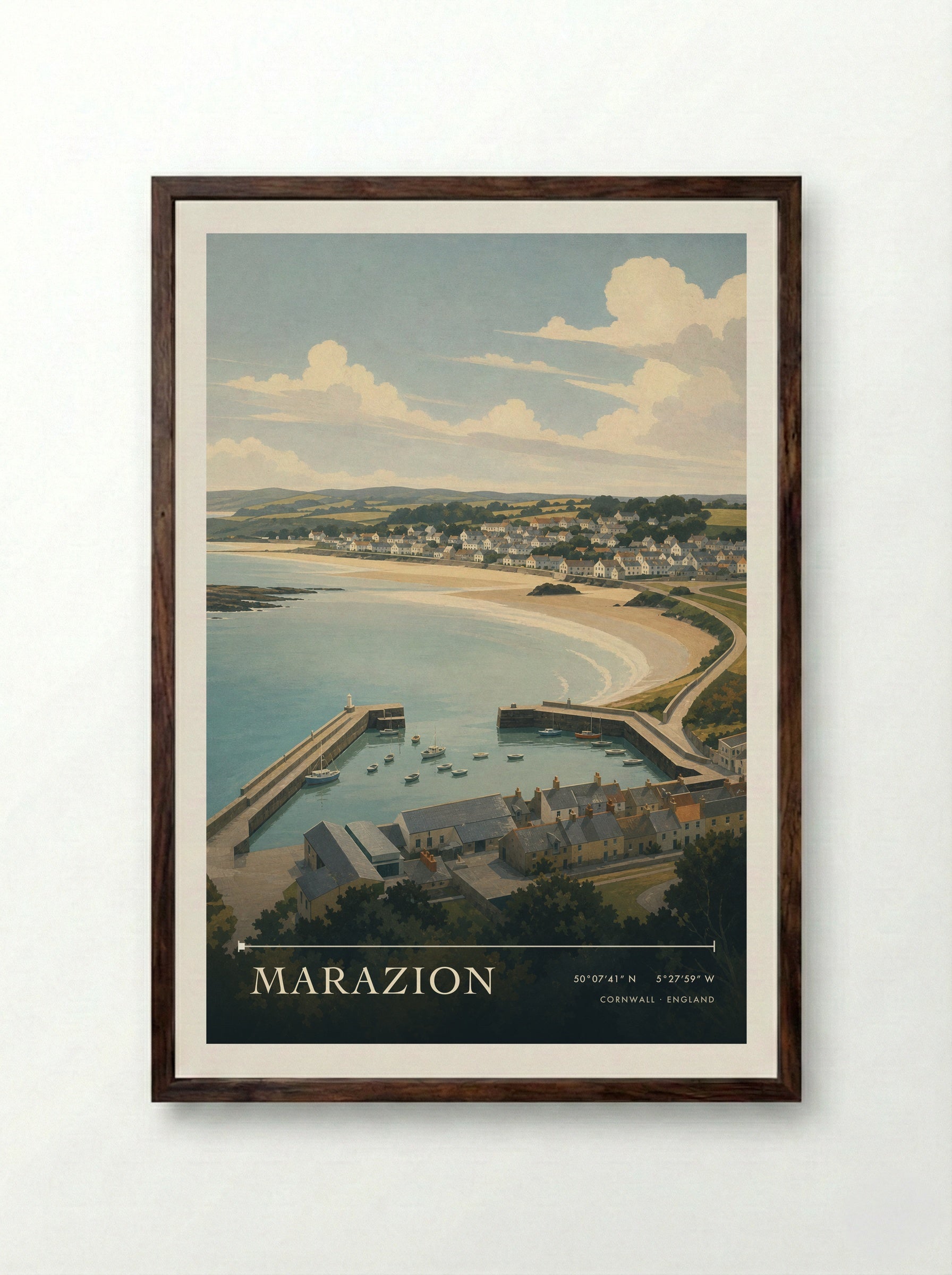 Marazion Cornwall England Travel Poster - Framed Print Dark Wood