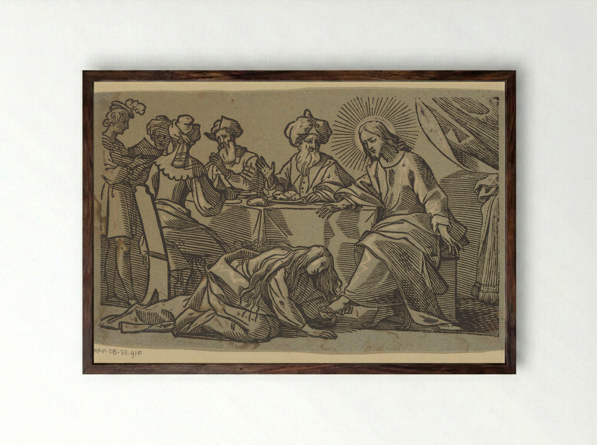 Maria Magdalena zalft de voeten van Christus - Duval - Framed Print Dark Wood