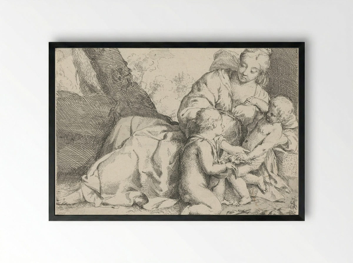 Maria met Christuskind en Johannes de Doper - Jan Miel - Framed Print Black