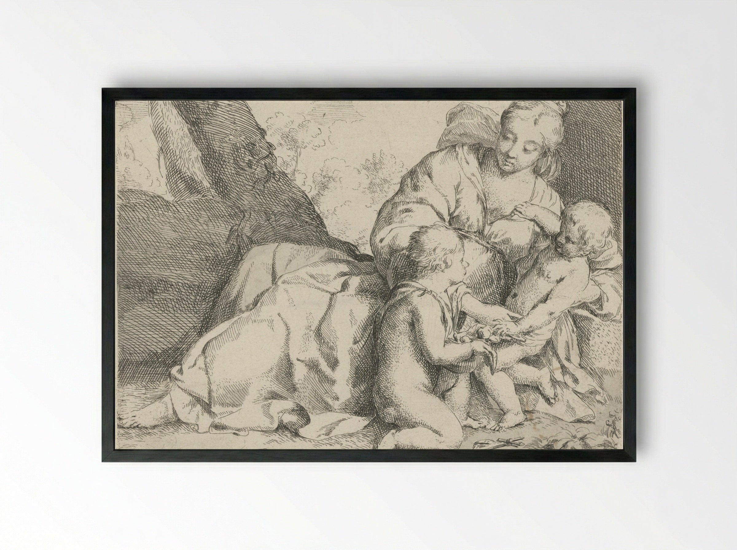 Maria met Christuskind en Johannes de Doper - Jan Miel - Framed Print Black