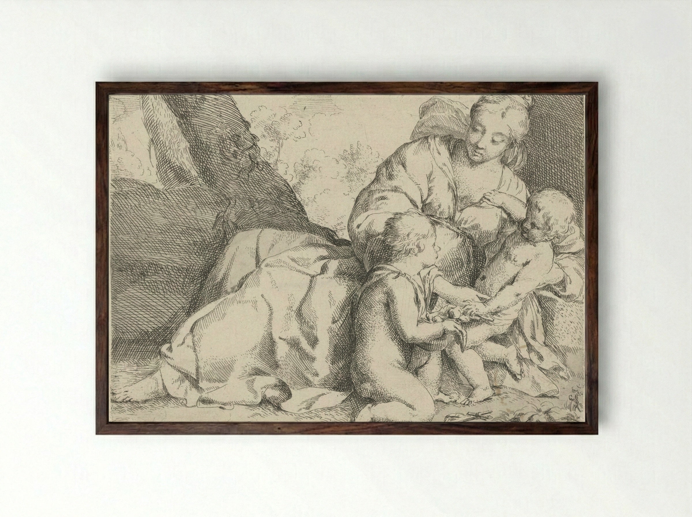 Maria met Christuskind en Johannes de Doper - Jan Miel - Framed Print Dark Wood