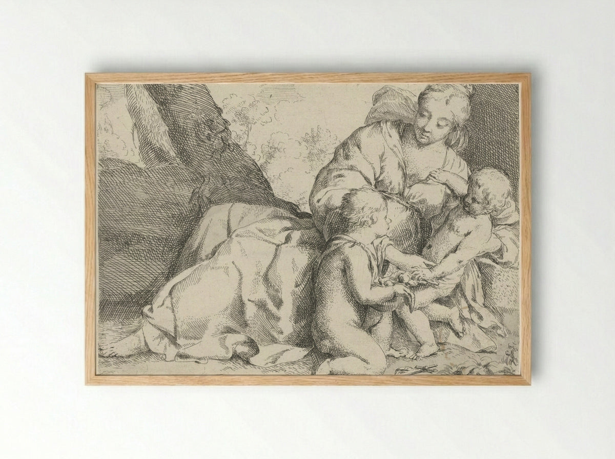Maria met Christuskind en Johannes de Doper - Jan Miel - Framed Print Wood