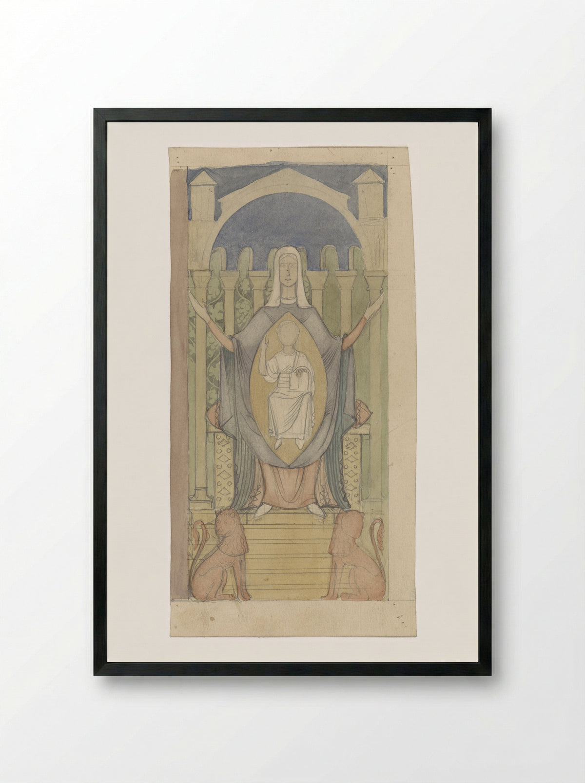 Maria met Christuskind, zittend op de troon van Salomo - Antoon Derkinderen - Framed Print Black