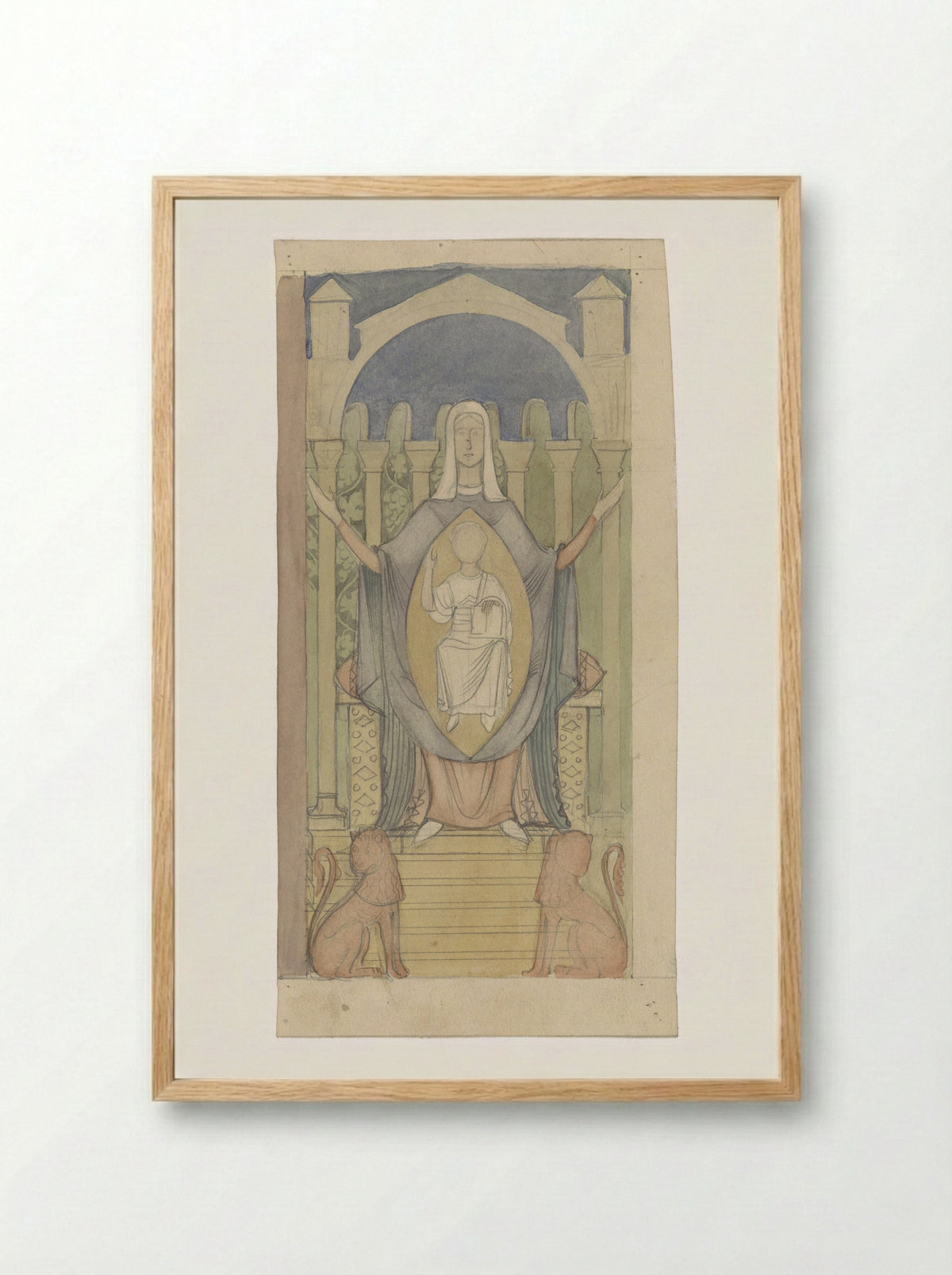 Maria met Christuskind, zittend op de troon van Salomo - Antoon Derkinderen - Framed Print Wood