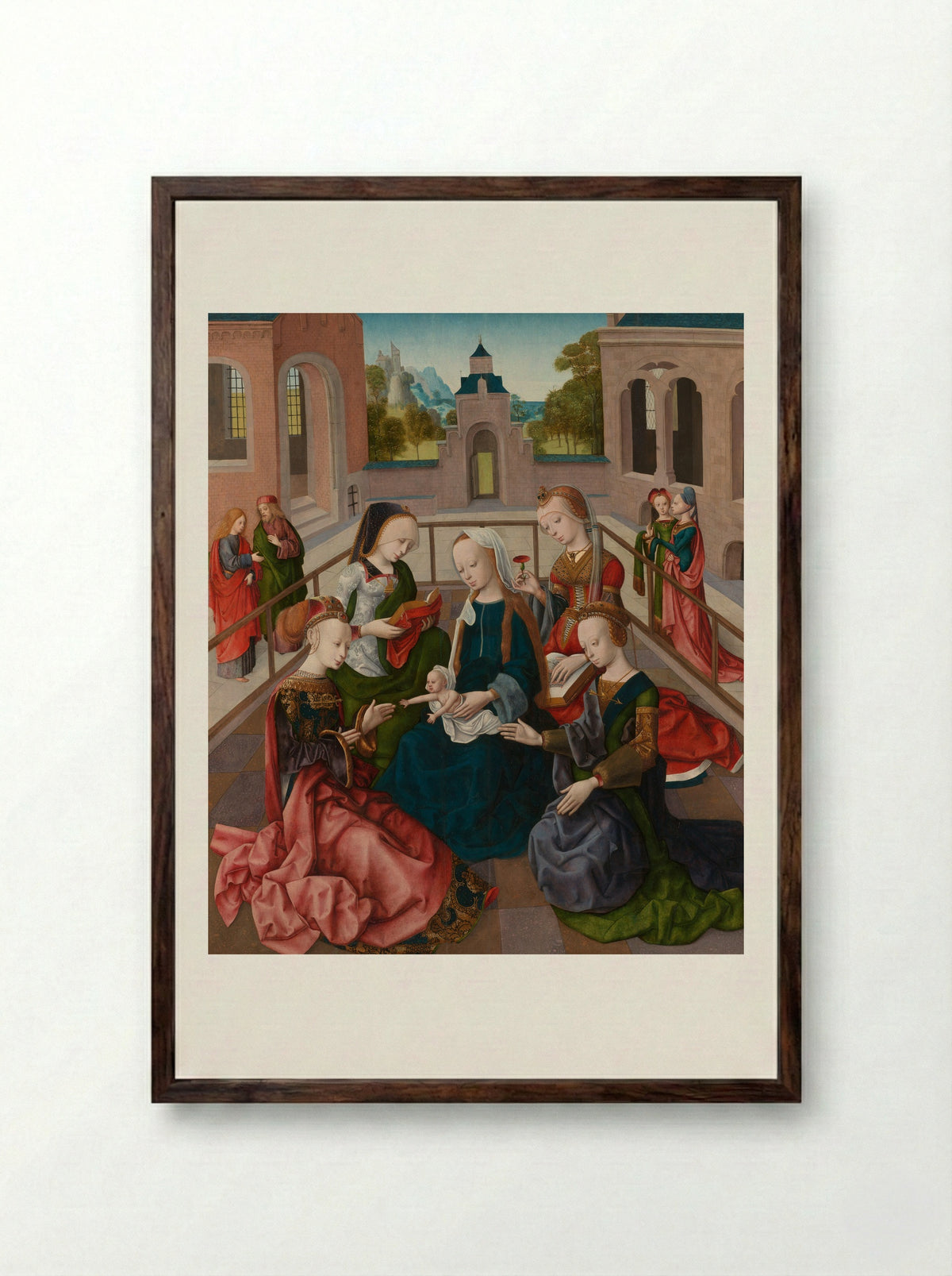 Maria met Jezus en vier heilige maagden - Master of the Virgo inter Virgines - Framed Print Dark Wood