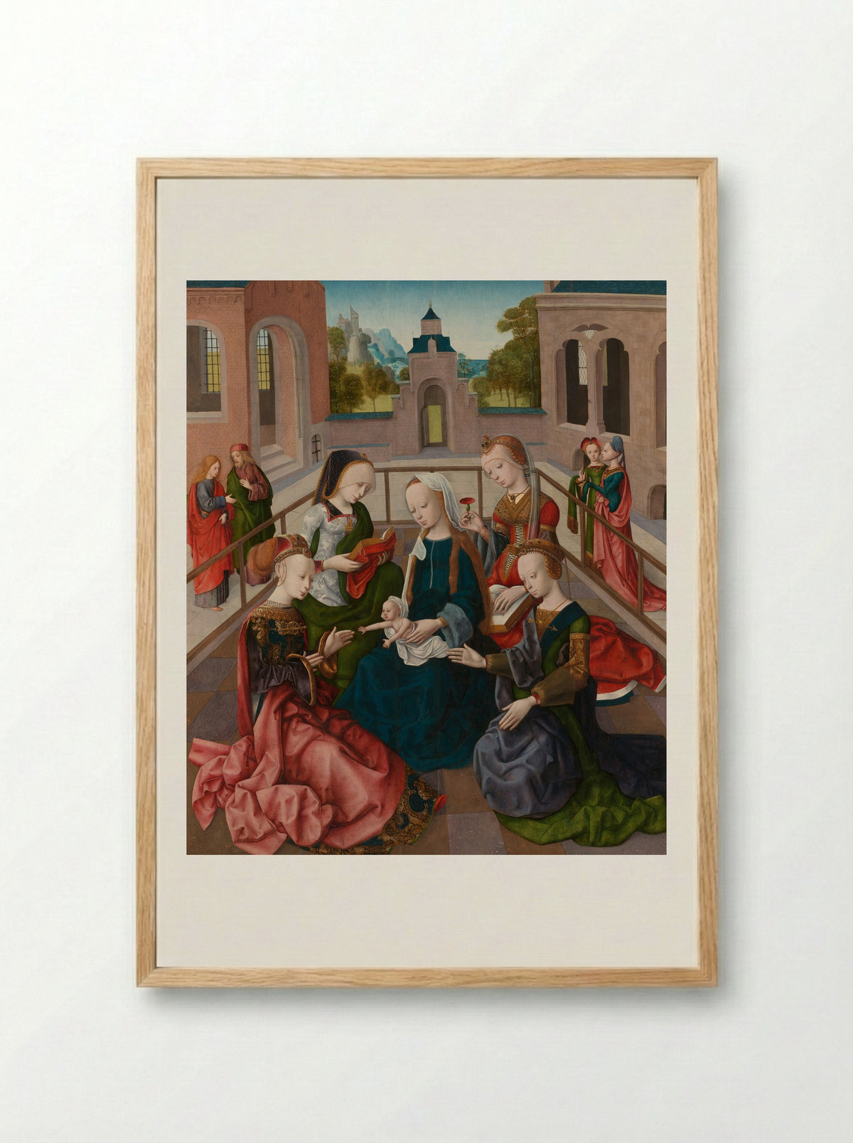 Maria met Jezus en vier heilige maagden - Master of the Virgo inter Virgines - Framed Print Wood