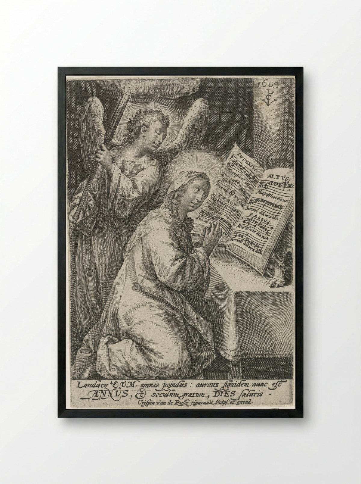 Maria vergezeld door engel - Crispijn van de Passe (I) - Framed Print Black