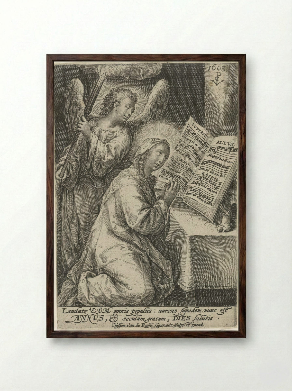 Maria vergezeld door engel - Crispijn van de Passe (I) - Framed Print Dark Wood