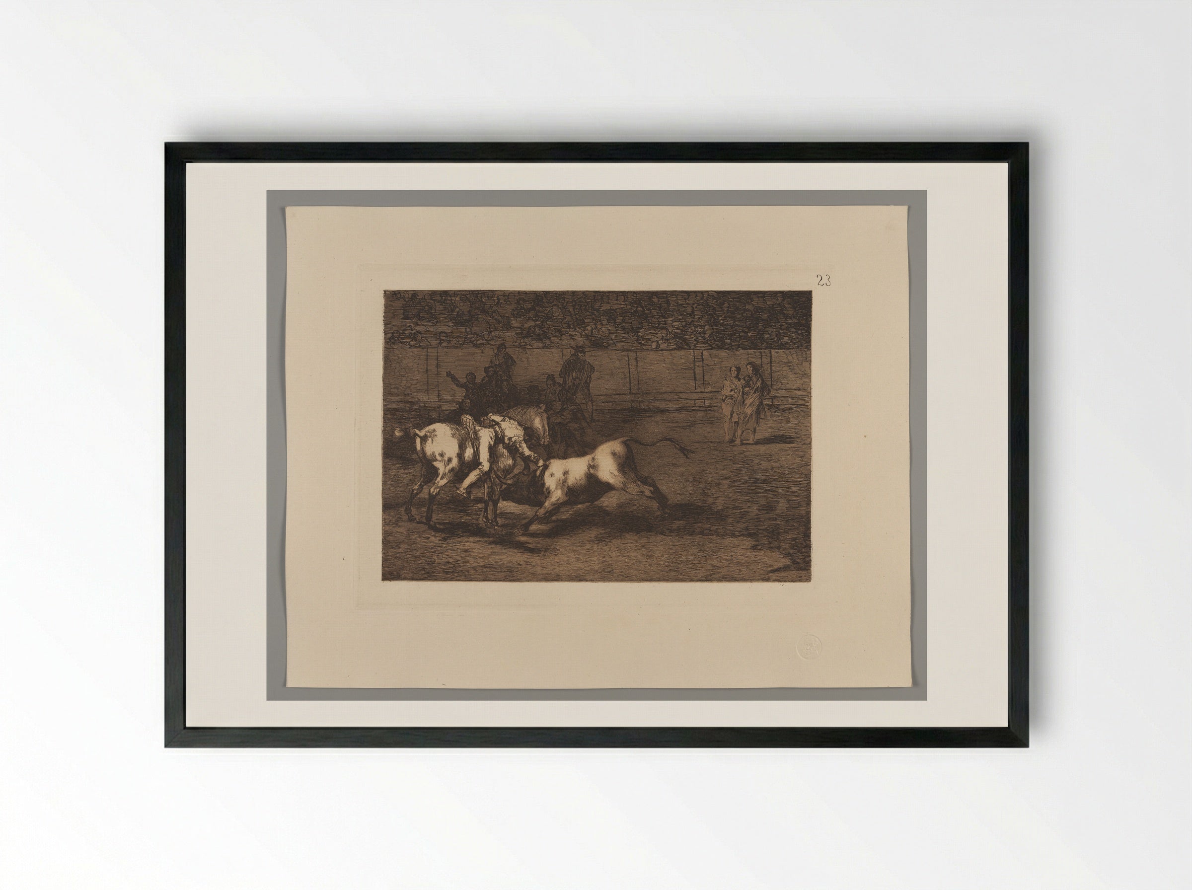 Mariano Ceballos, alias the Indian, kills the bull from his horse - Francisco José de Goya y Lucientes - Framed Print Black