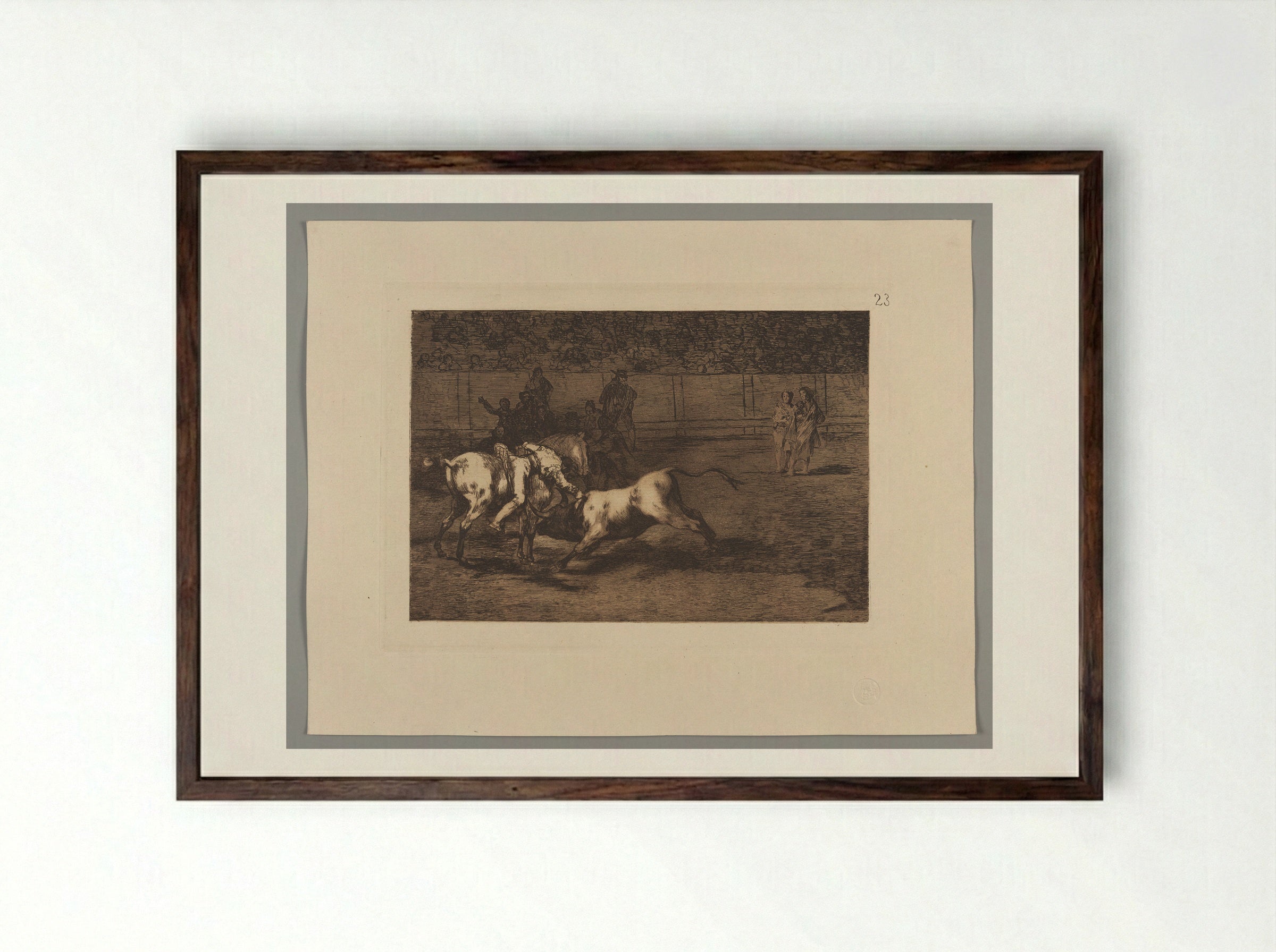 Mariano Ceballos, alias the Indian, kills the bull from his horse - Francisco José de Goya y Lucientes - Framed Print Dark Wood