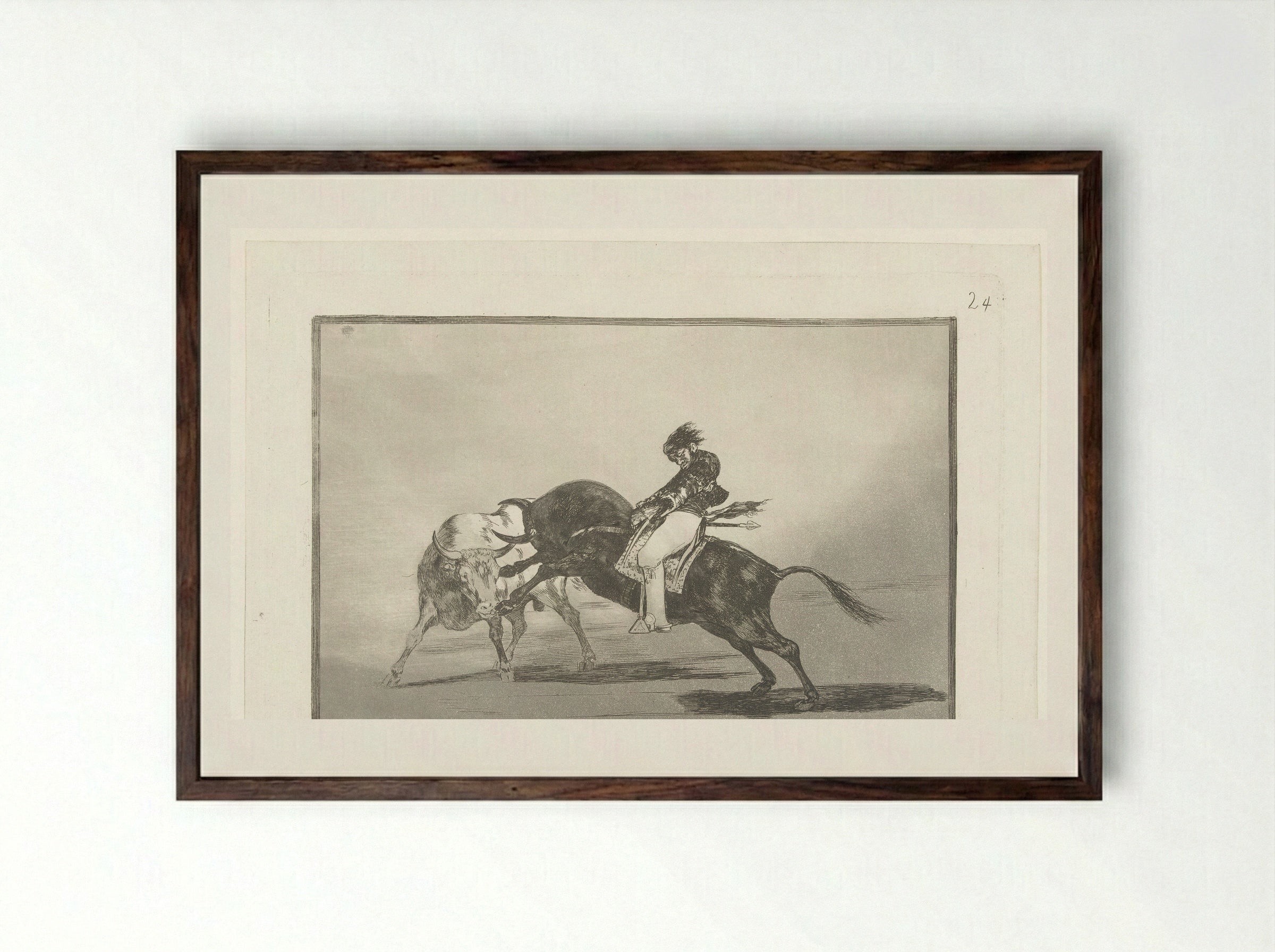 Mariano Ceballos rijdend op een stier - Francisco de Goya - Framed Print Dark Wood