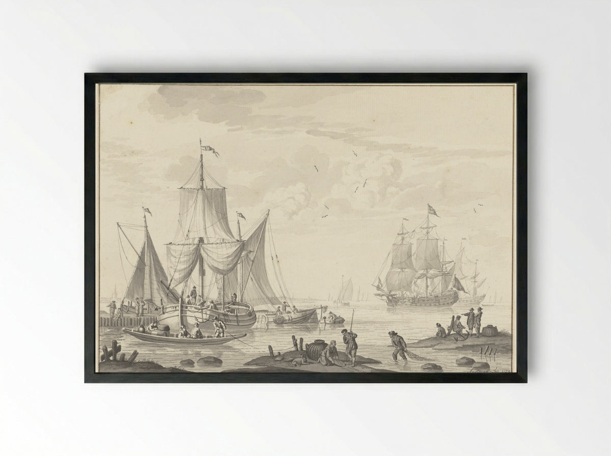 Marine (Coastal Scene with Shipping) - Nicolaes Aartman - Framed Print Black