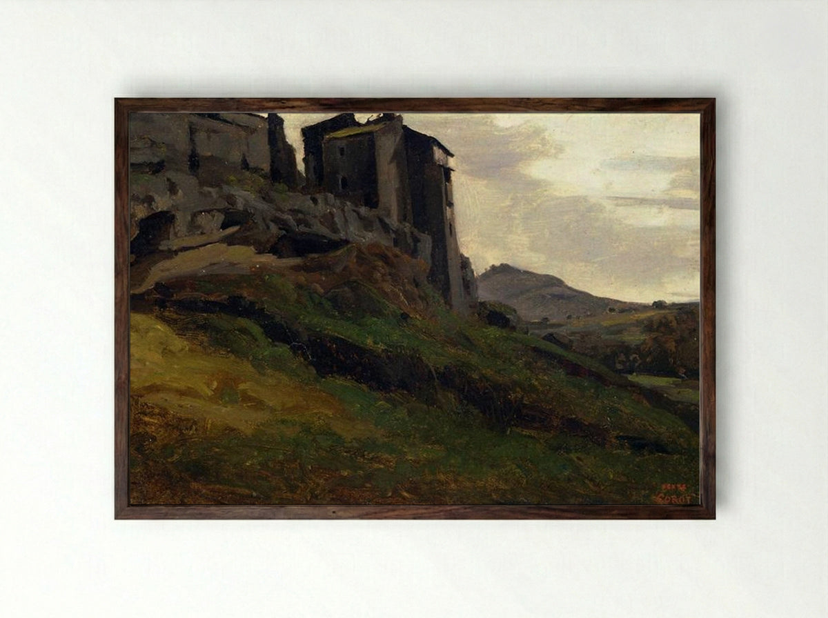 Marino, Large Buildings on the Rocks - Camille Corot - Framed Print Dark Wood