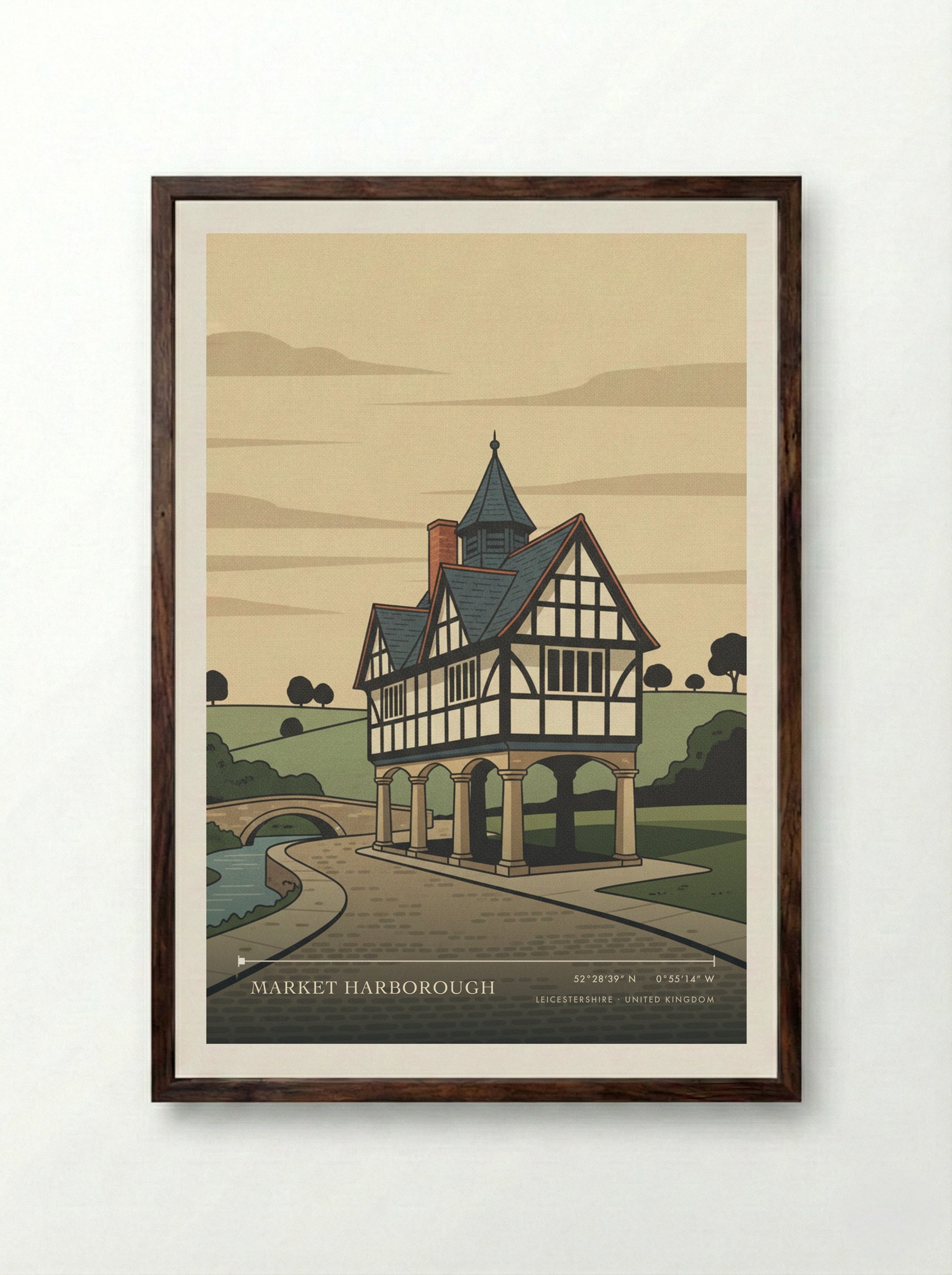 Market Harborough Leicestershire United Kingdom Travel Poster - Framed Print Dark Wood
