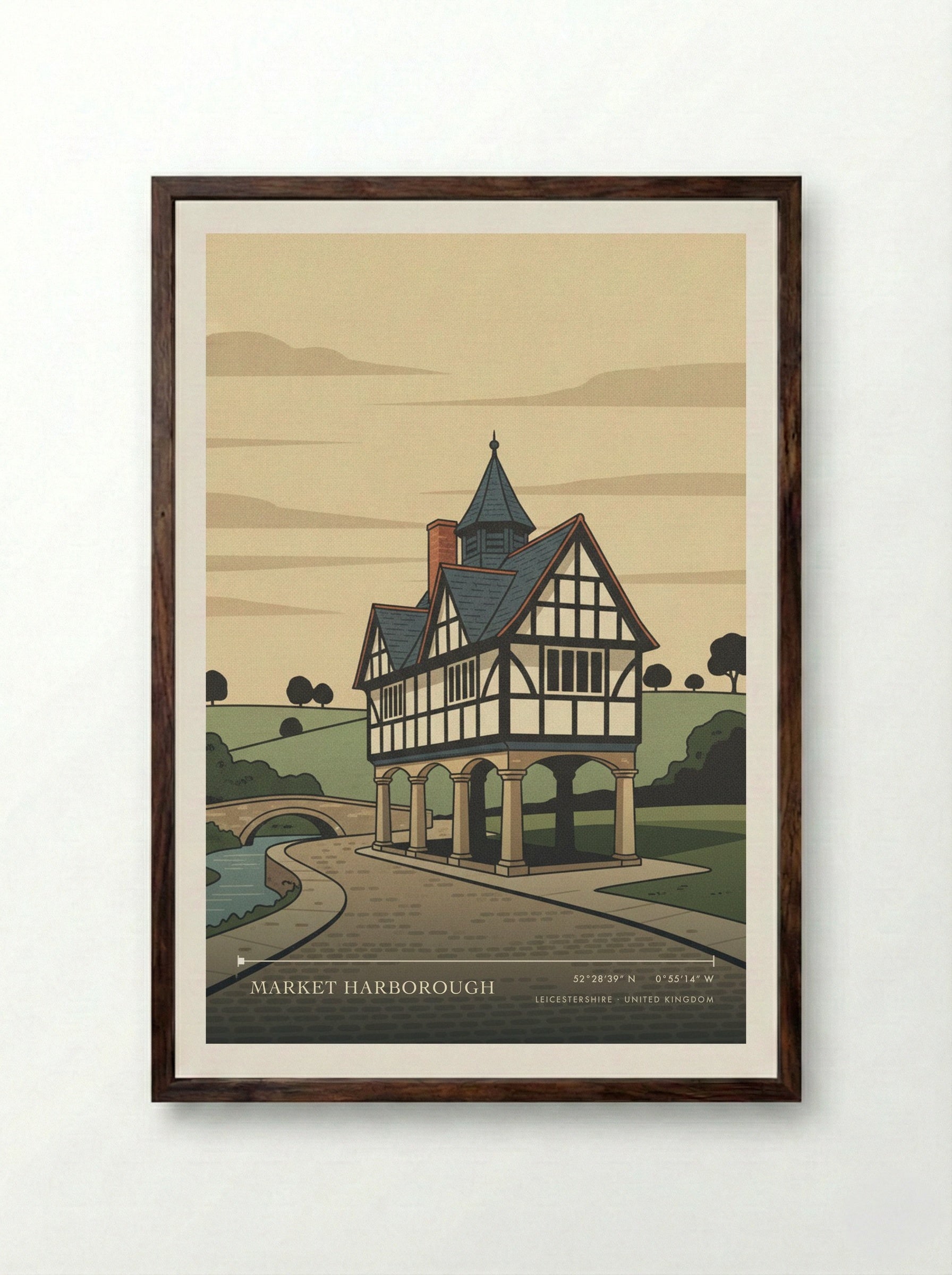 Market Harborough Leicestershire United Kingdom Travel Poster - Framed Print Dark Wood