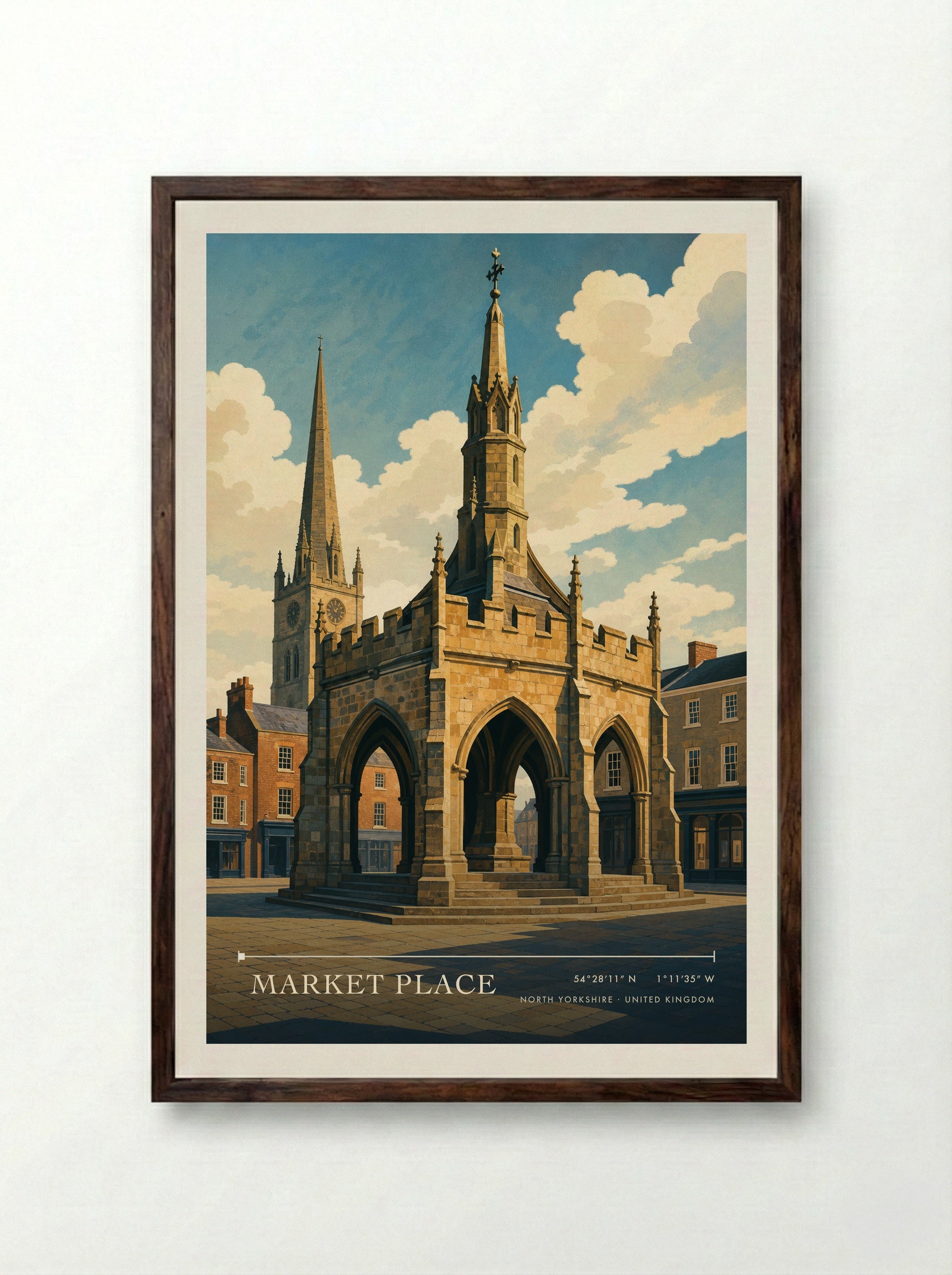 Market Place North Yorkshire United Kingdom Travel Poster - Framed Print Dark Wood