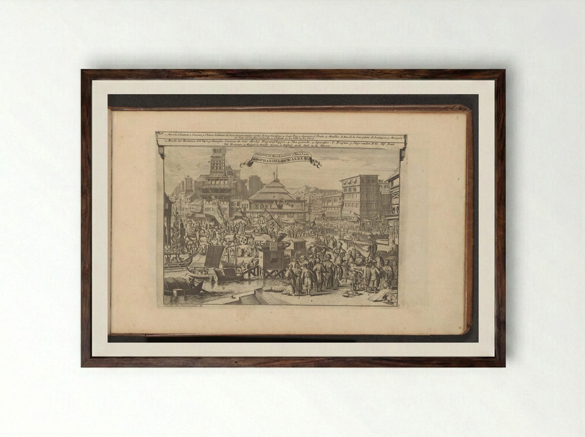 Markt en handel in Bantam - Romeyn de Hooghe - Framed Print Dark Wood