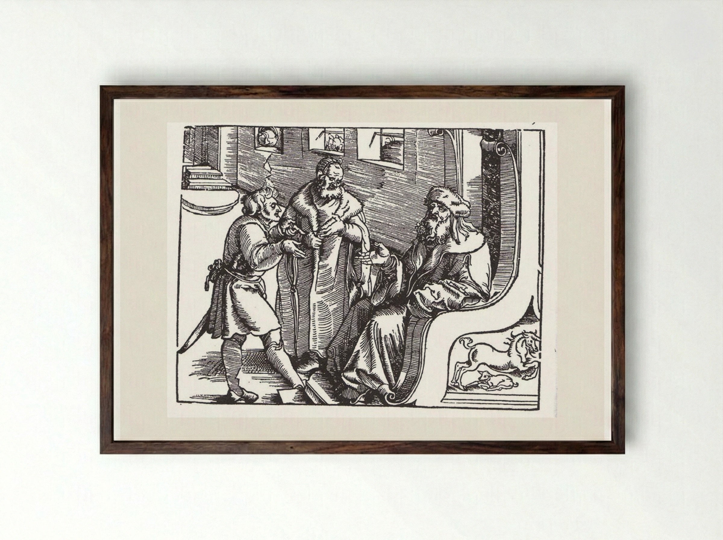 Marquard von Lindau ask and answer the Ten Commandments - Hans Baldung - Framed Print Dark Wood