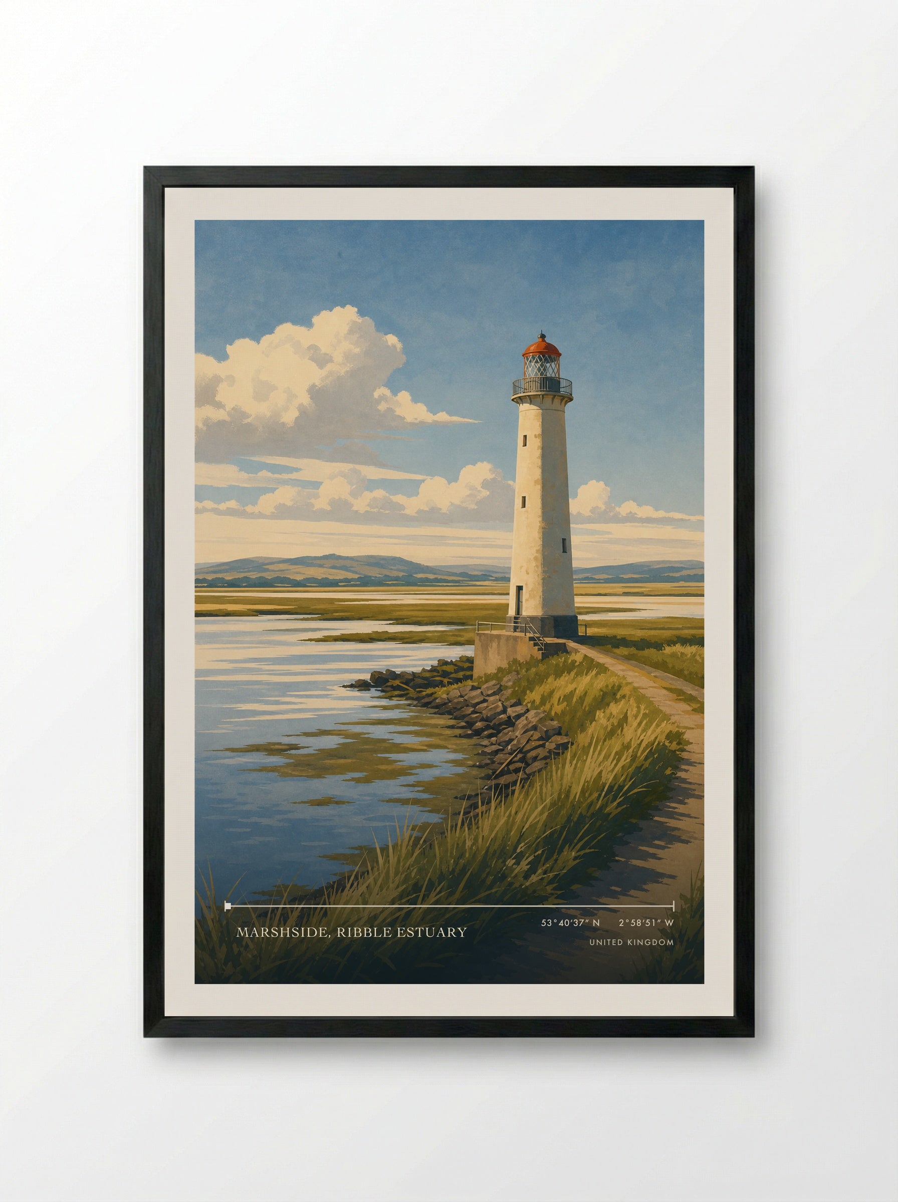 Marshside, Ribble Estuary United Kingdom Travel Poster - Framed Print Black