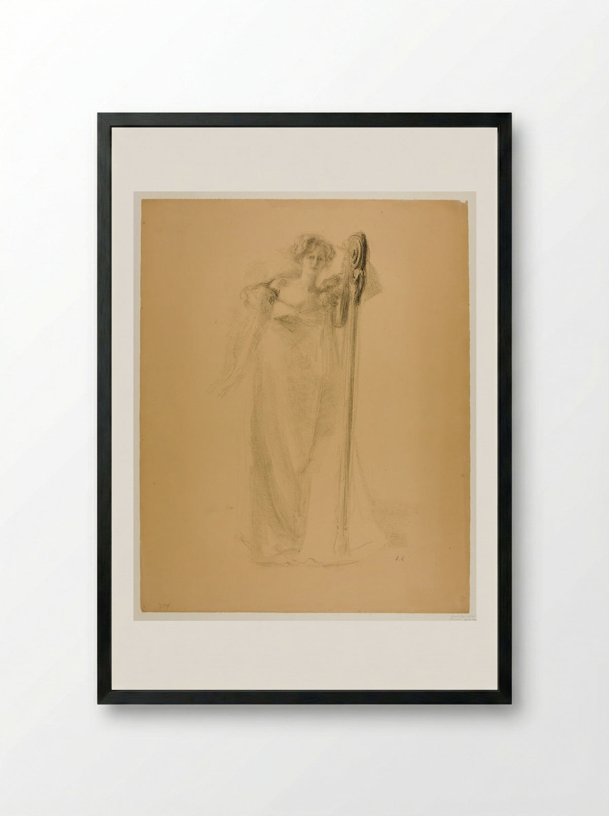Marthe with a Harp - Albert Belleroche - Framed Print Black