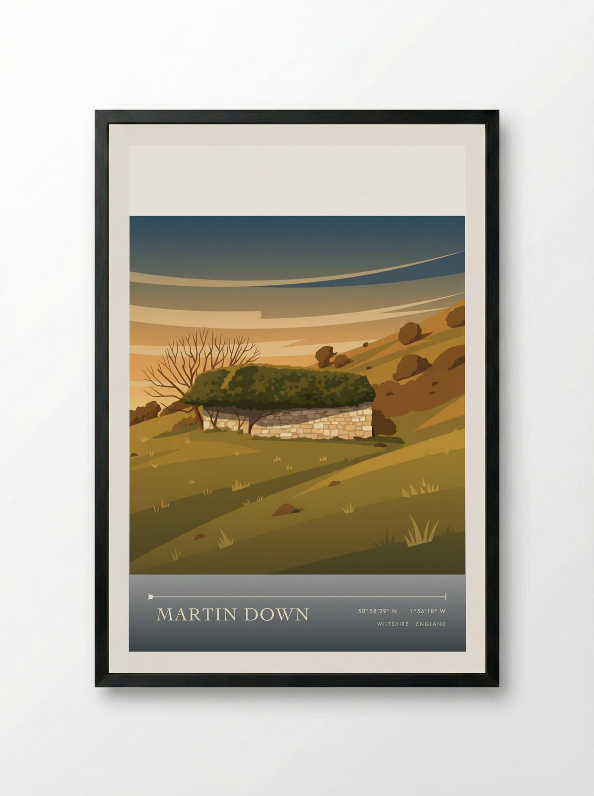Martin Down Wiltshire England Travel Poster - Framed Print Black