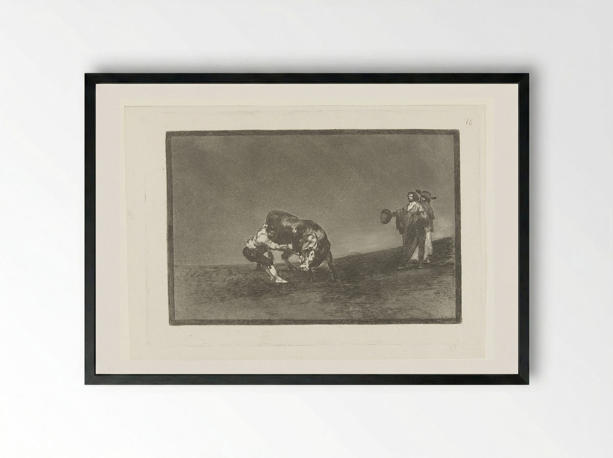 Martincho grijpt een stier bij zijn hoorn - Francisco de Goya - Framed Print Black