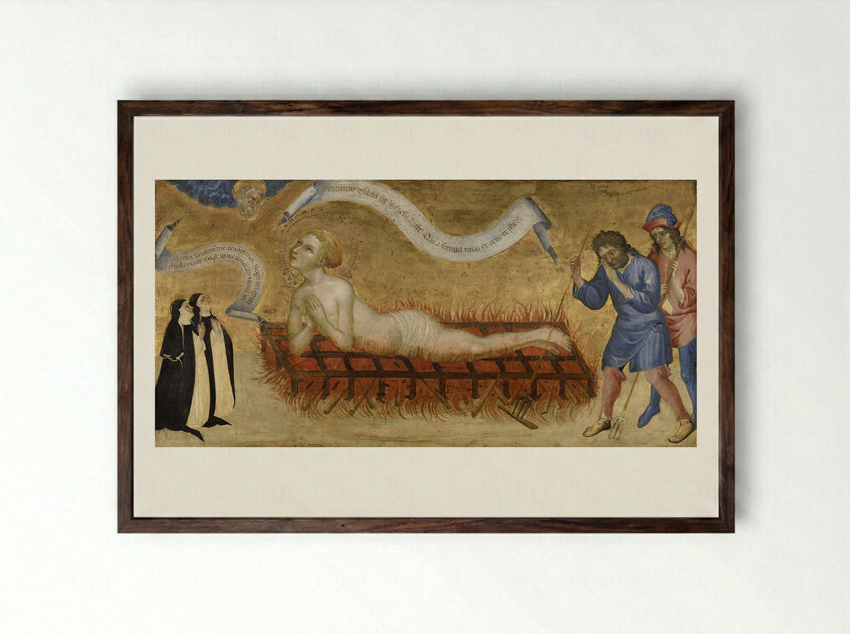 Martyrdom of Saint Lawrence, with Two Benedictine Nuns - Jacobello del Fiore - Framed Print Dark Wood