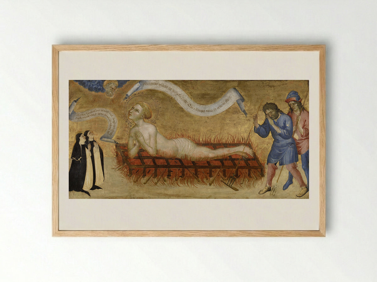 Martyrdom of Saint Lawrence, with Two Benedictine Nuns - Jacobello del Fiore - Framed Print Wood
