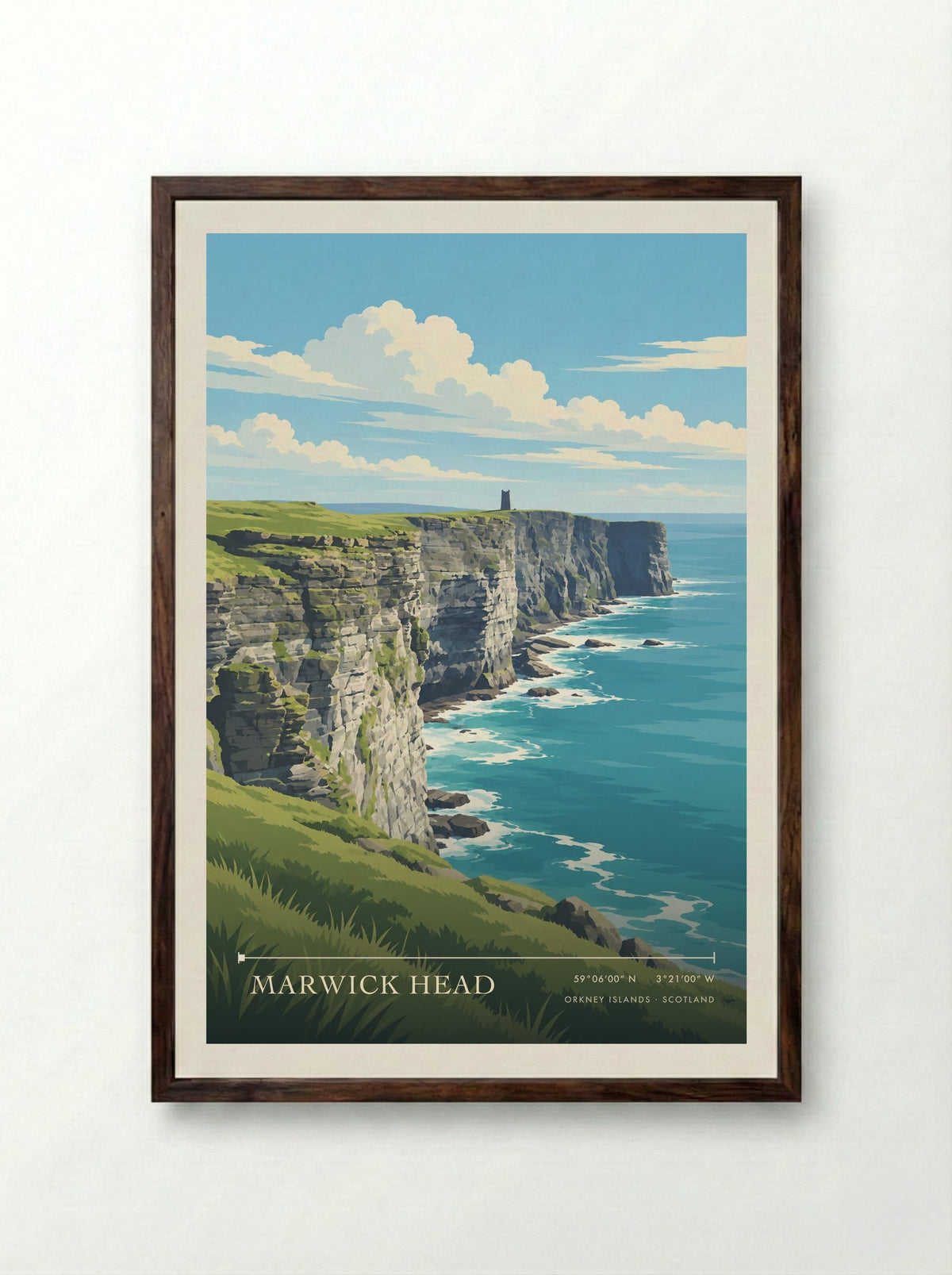 Marwick Head, Orkney Islands | Travel Poster - Framed Print Dark Wood
