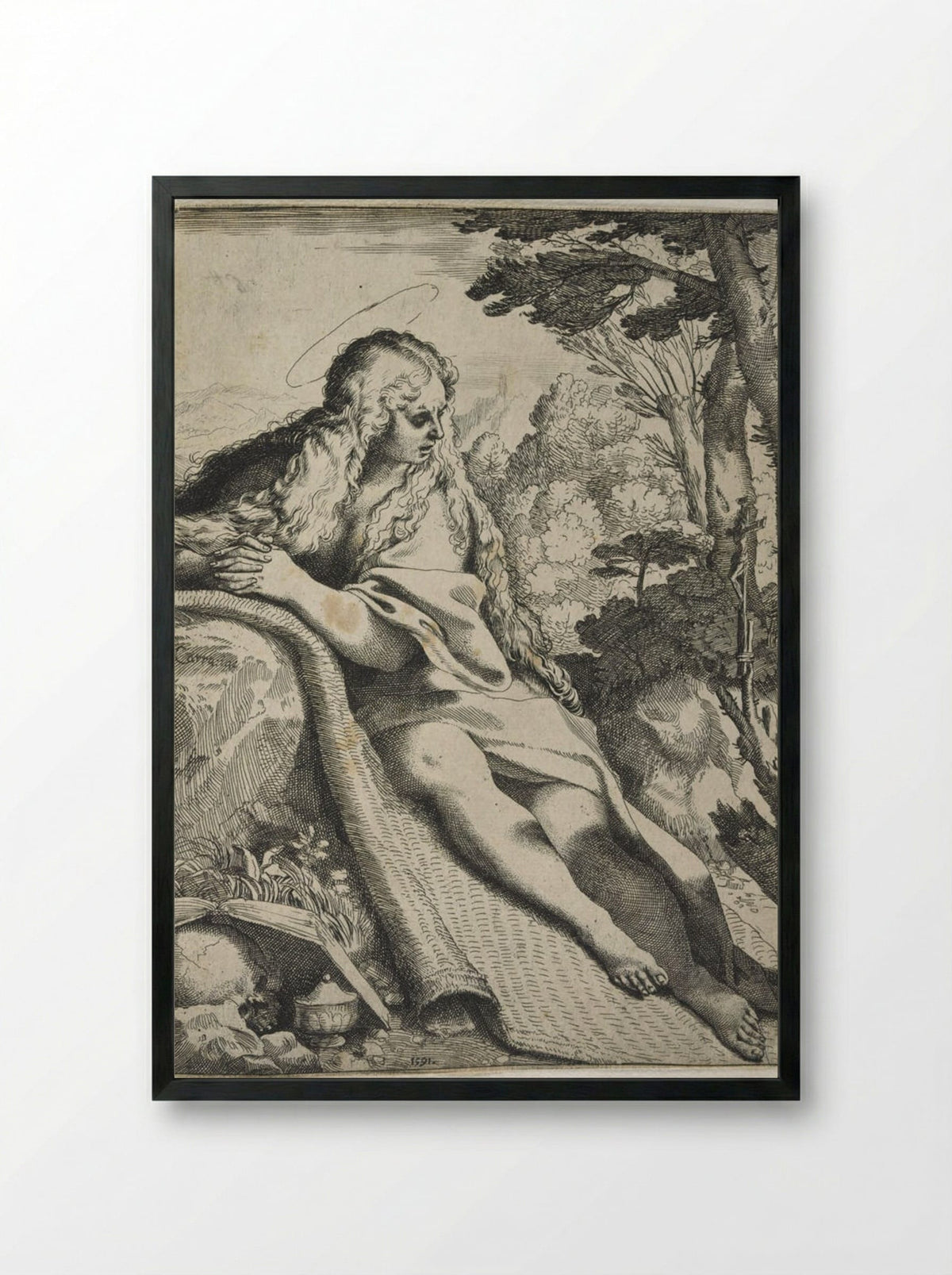 Mary Magdalene in the Wilderness - Annibale Carracci - Framed Print Black
