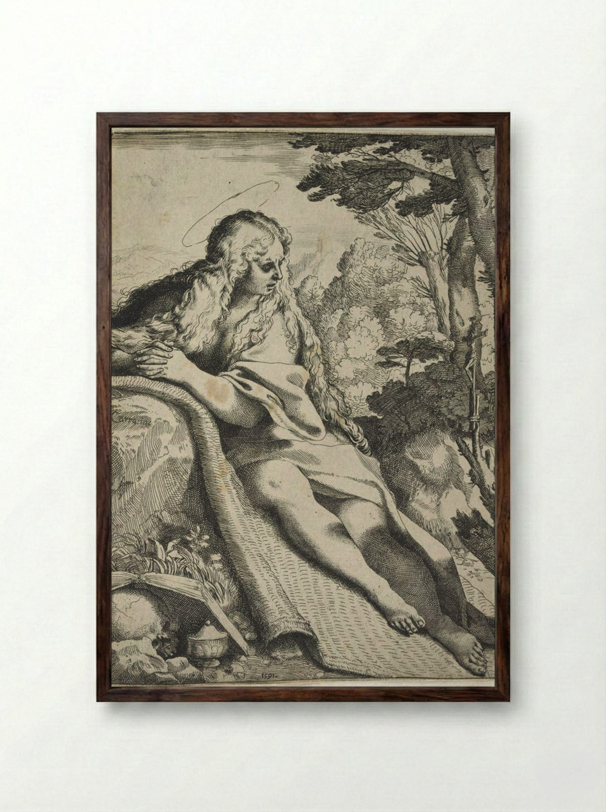 Mary Magdalene in the Wilderness - Annibale Carracci - Framed Print Dark Wood