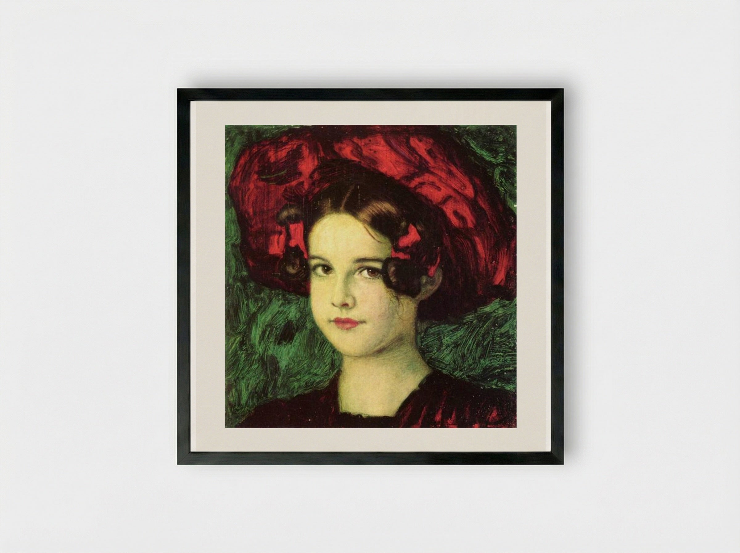 Mary with a Red Hat - Franz von Stuck - Framed Print Black