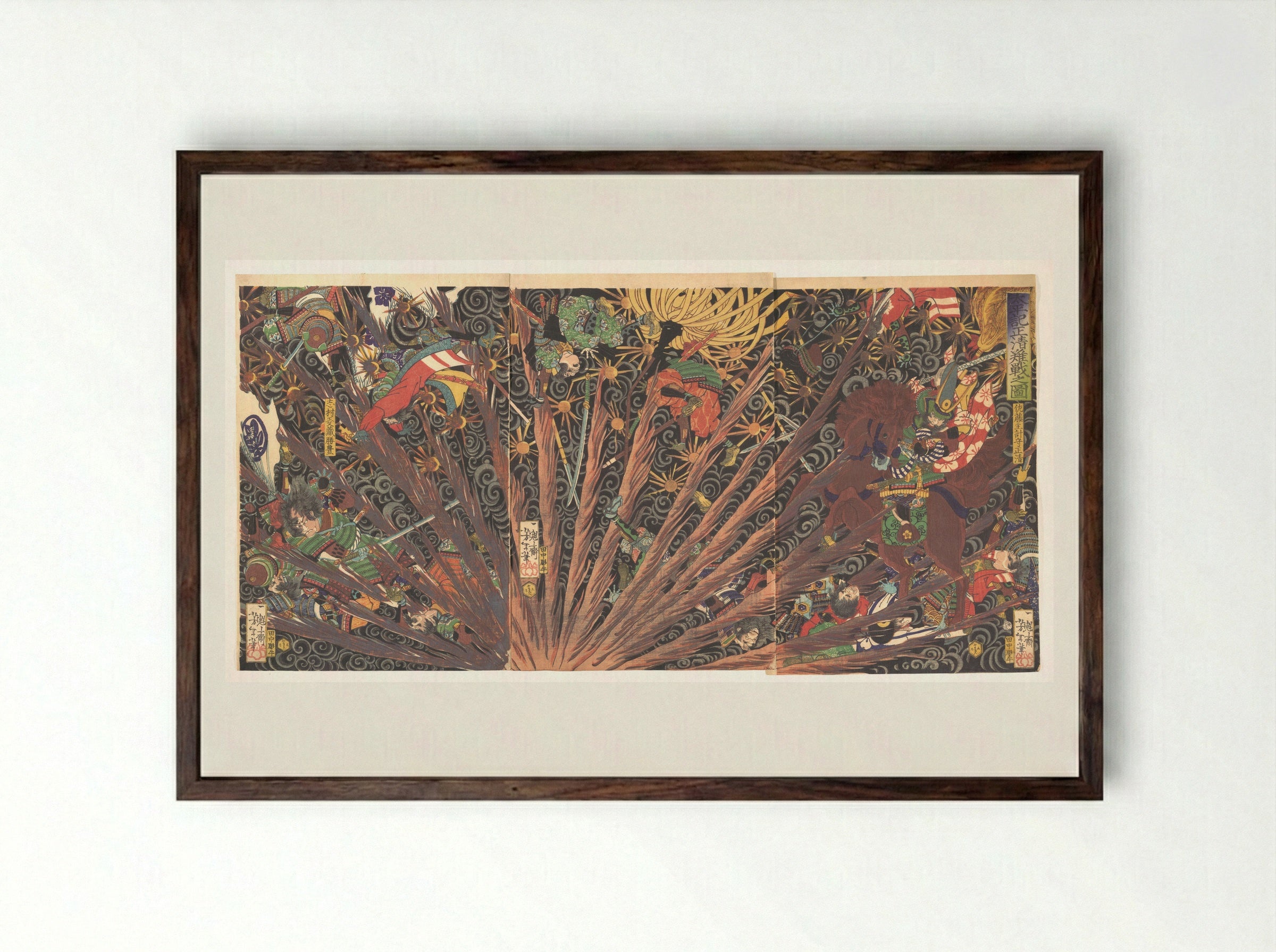 Masakiyo’s Challenging Battle, from Taiheiki - Tsukioka Yoshitoshi - Framed Print Dark Wood