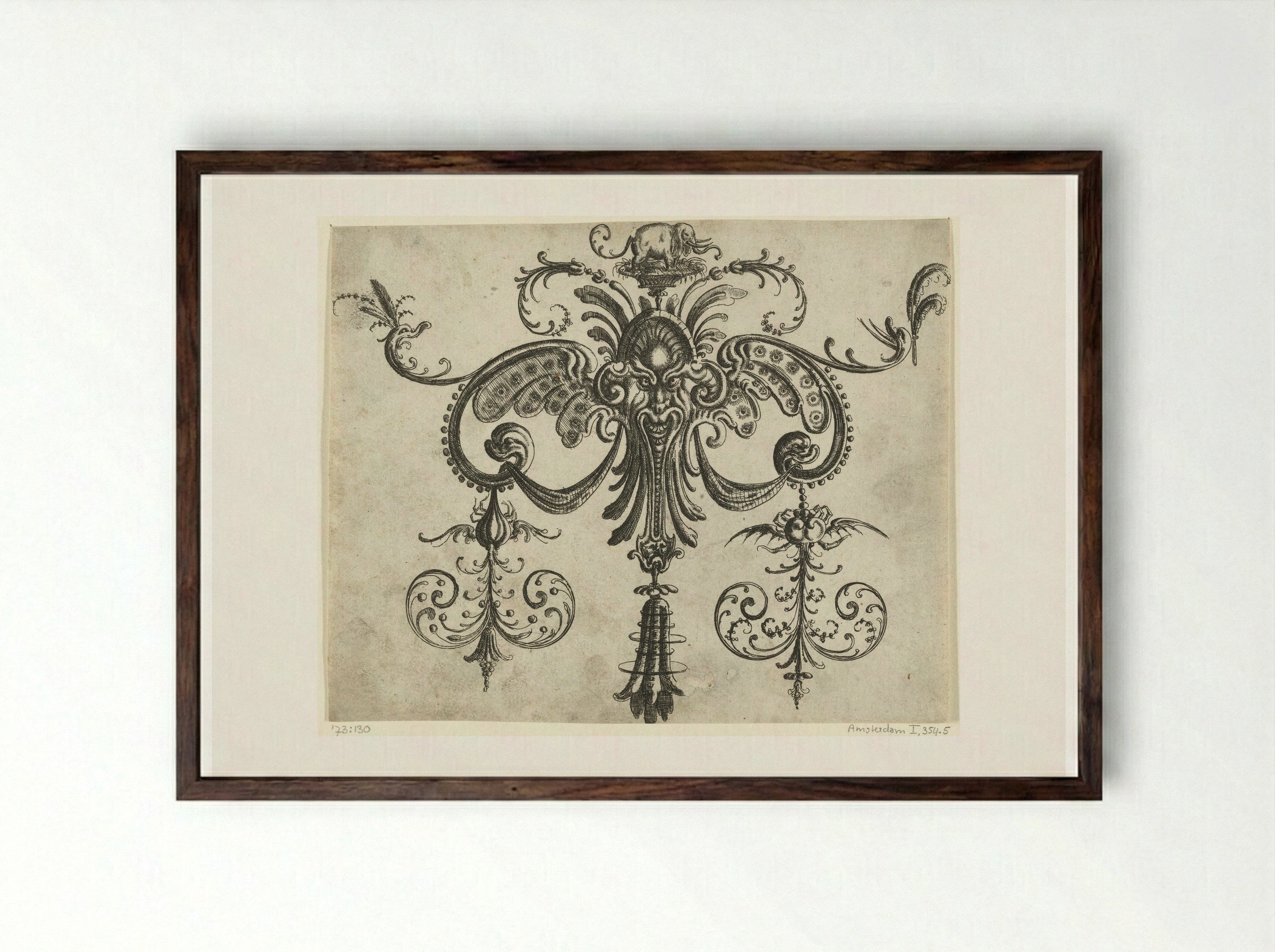 Mascaron with Wings and Fish-Headed Feathers - Christoph Jamnitzer - Framed Print Dark Wood
