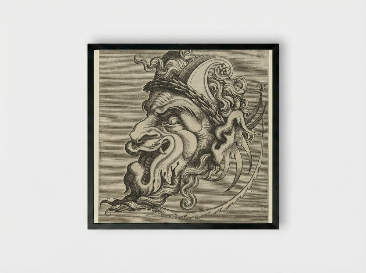 Masker en profil met twee horens van rolwerk en een lauwerkrans - Hans Liefrinck (II) - Framed Print Black