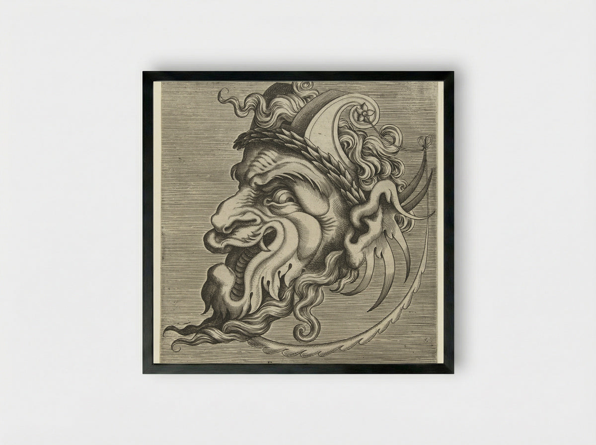 Masker en profil met twee horens van rolwerk en een lauwerkrans - Hans Liefrinck (II) - Framed Print Black
