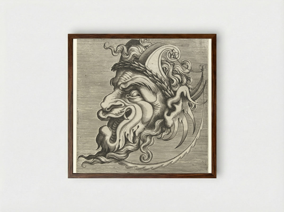 Masker en profil met twee horens van rolwerk en een lauwerkrans - Hans Liefrinck (II) - Framed Print Dark Wood