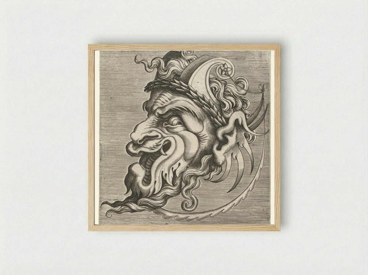 Masker en profil met twee horens van rolwerk en een lauwerkrans - Hans Liefrinck (II) - Framed Print Wood