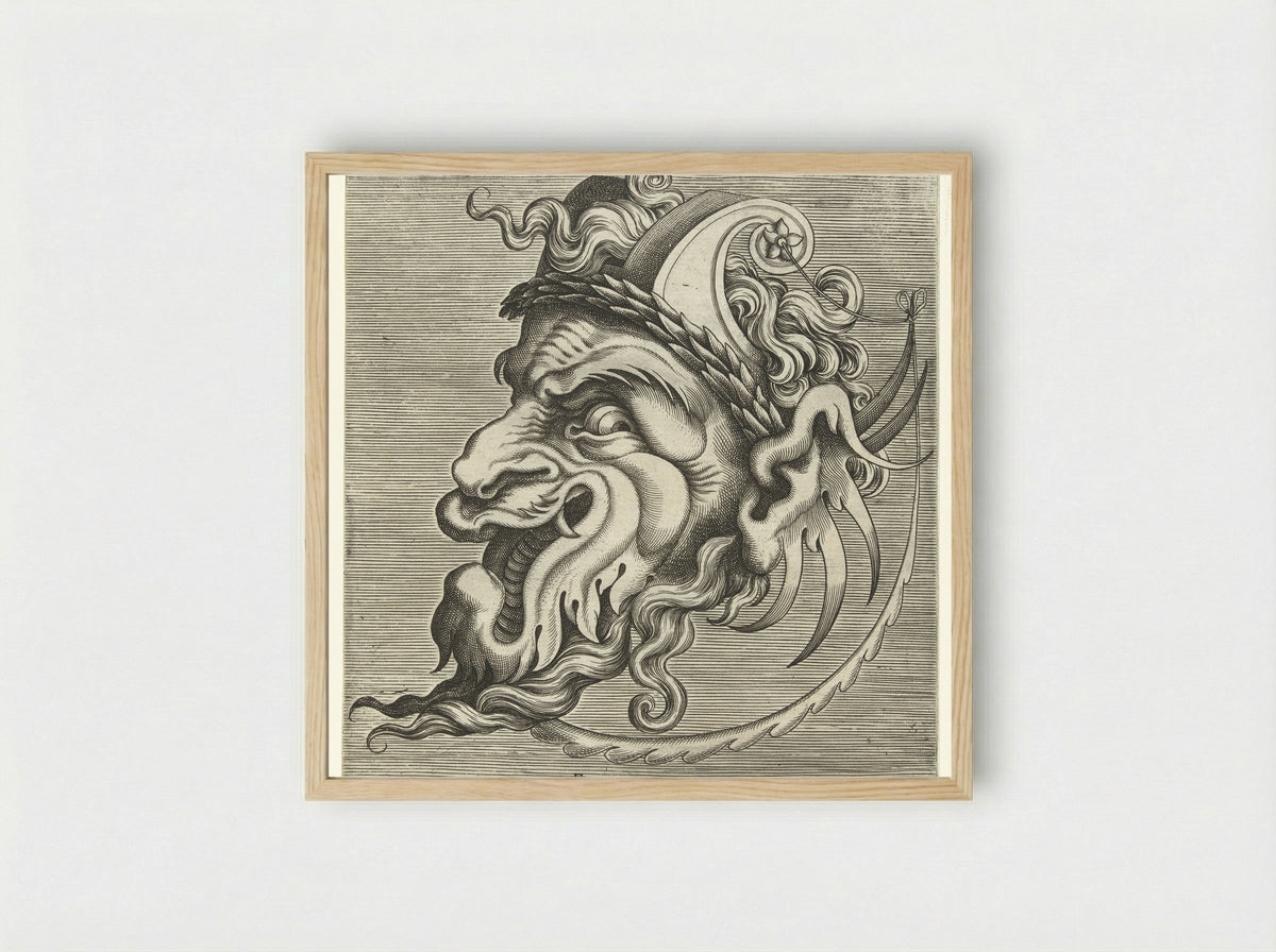 Masker en profil met twee horens van rolwerk en een lauwerkrans - Hans Liefrinck (II) - Framed Print Wood