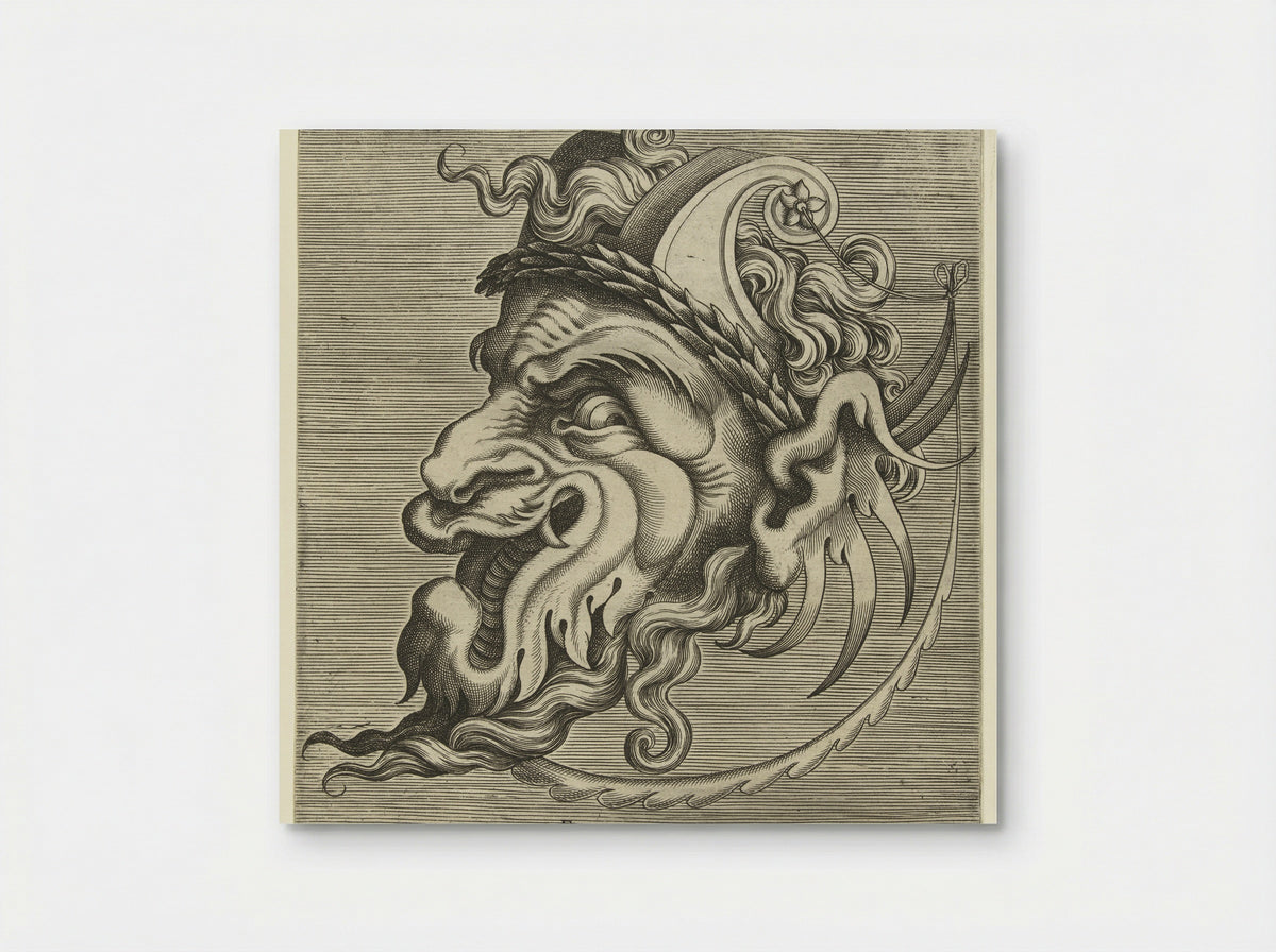 Masker en profil met twee horens van rolwerk en een lauwerkrans - Hans Liefrinck (II) - Poster