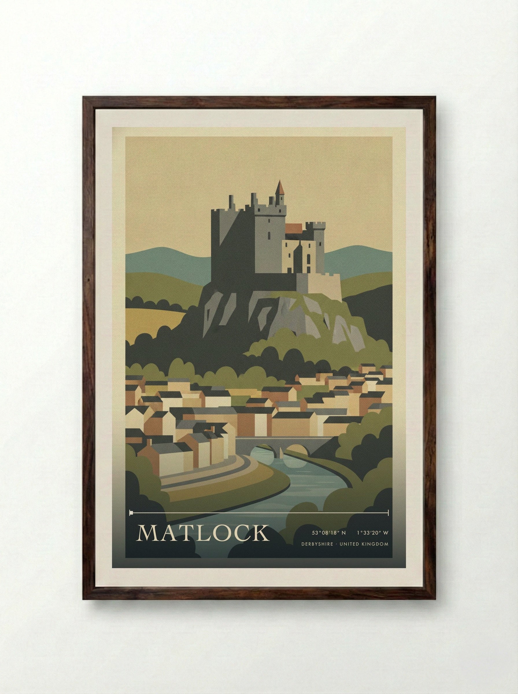 Matlock Derbyshire United Kingdom Travel Poster - Framed Print Dark Wood