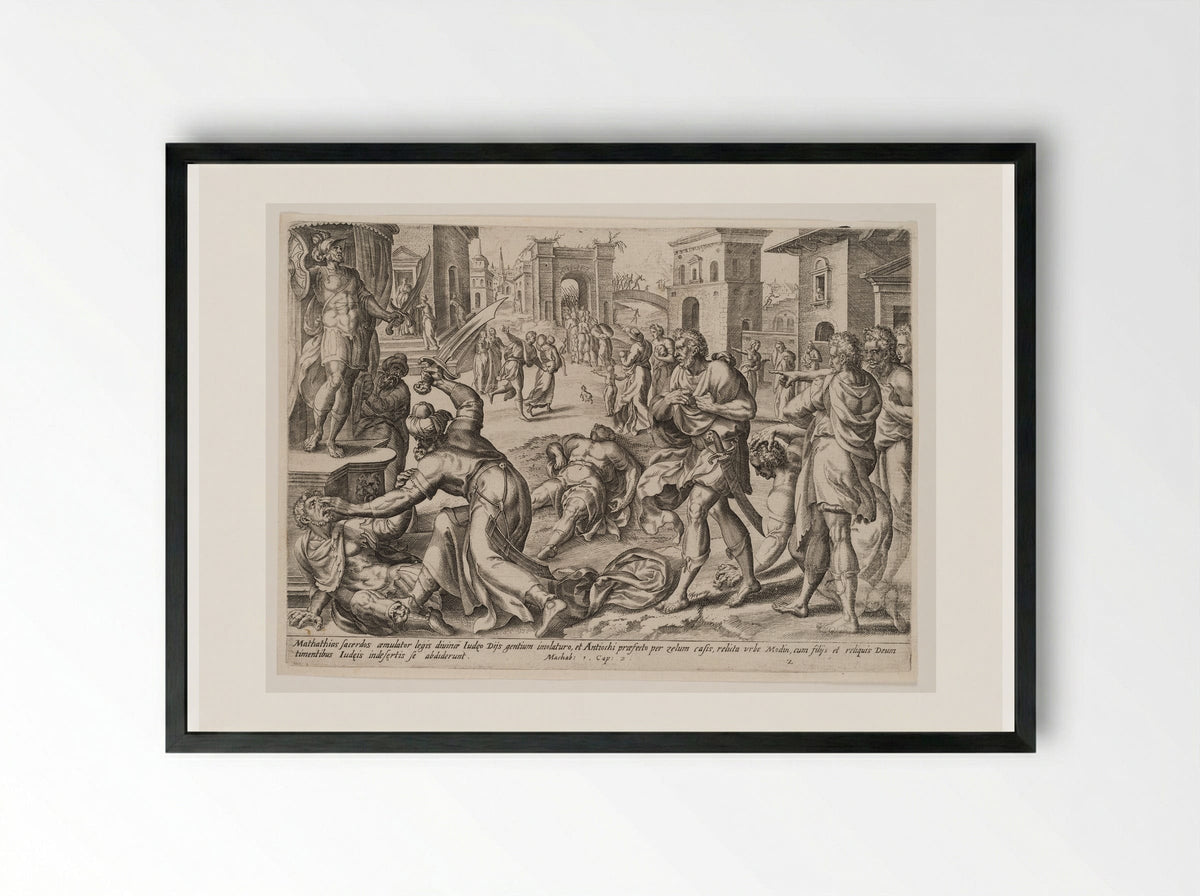 Mattathias Kills the Jew and the King's Officer - Johannes Wierix - Framed Print Black