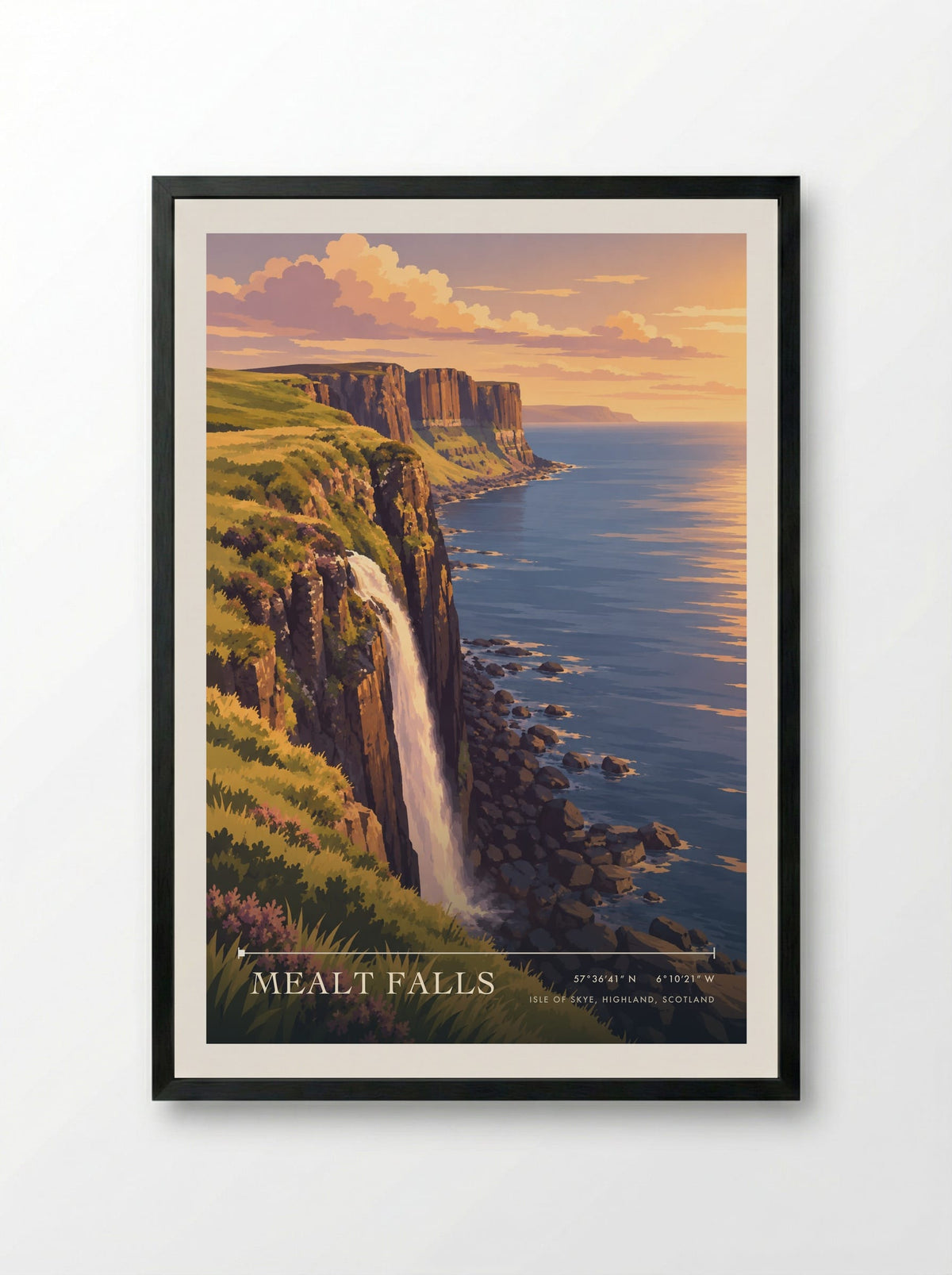 Mealt Falls, Isle of Skye, Highland, Scotland | Travel Poster - Framed Print Black