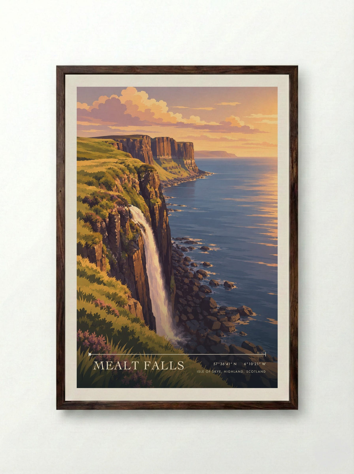Mealt Falls, Isle of Skye, Highland, Scotland | Travel Poster - Framed Print Dark Wood