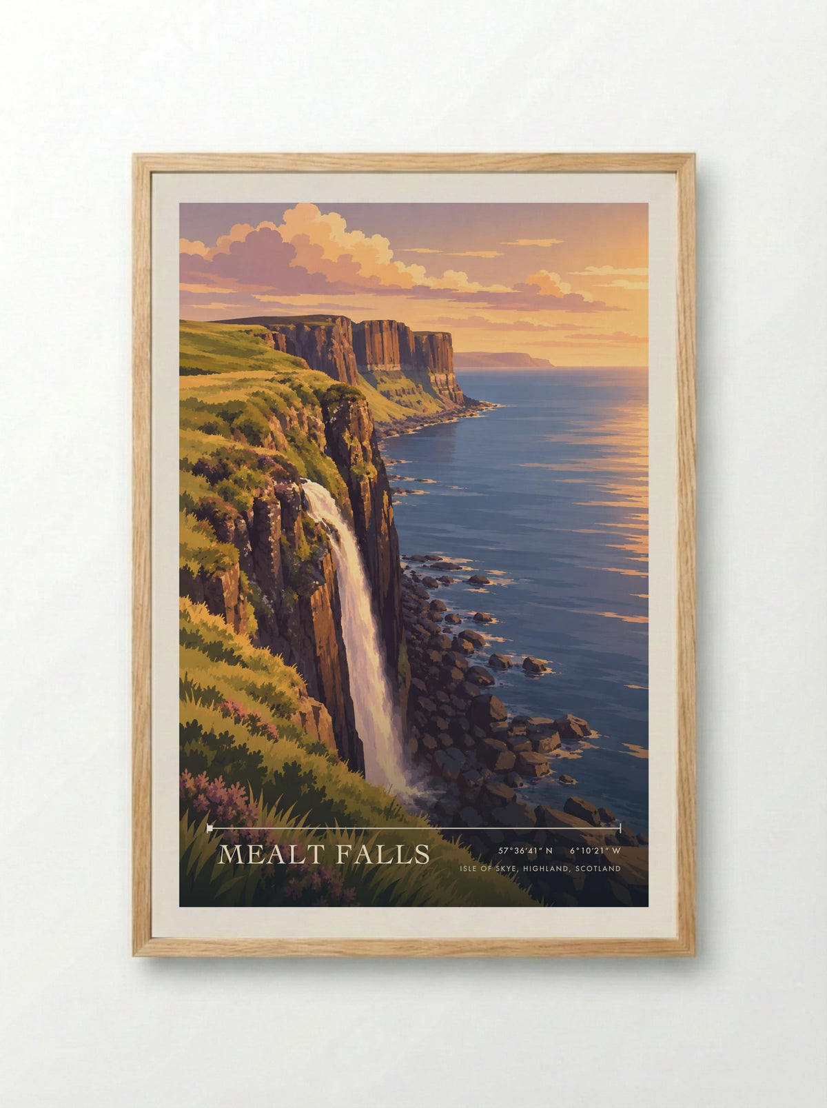 Mealt Falls, Isle of Skye, Highland, Scotland | Travel Poster - Framed Print Wood